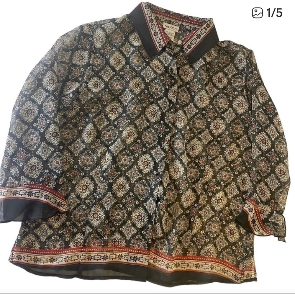 Women's Nicola Black Red Cream Patterned Sheer Blouse Size L